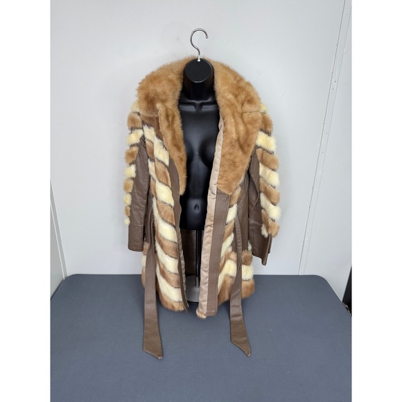 Vintage Goldstein's Fur Leather Coat Women Mink Chevron Belted Brown Cream - Picture 2 of 8